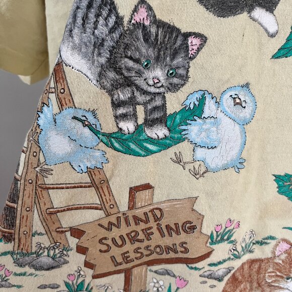 VTG 80s Sz M Yellow Cotton Kittens and Birds Cropped Tee Cute Animals - Picture 5 of 8